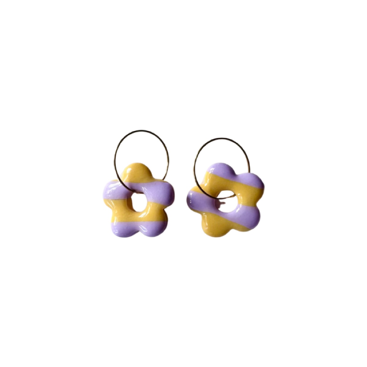 Flora argolla rayas amarillo y lila, pendientes
